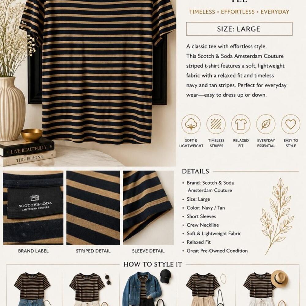 Scotch & Soda Striped Tee Navy Tan Cotton T-Shirt Mens Size Large